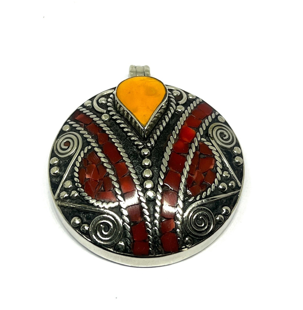 Antique Red Coral Amber Gemstone Tibetan Statement Pendant Jewelry, 2.0 inch