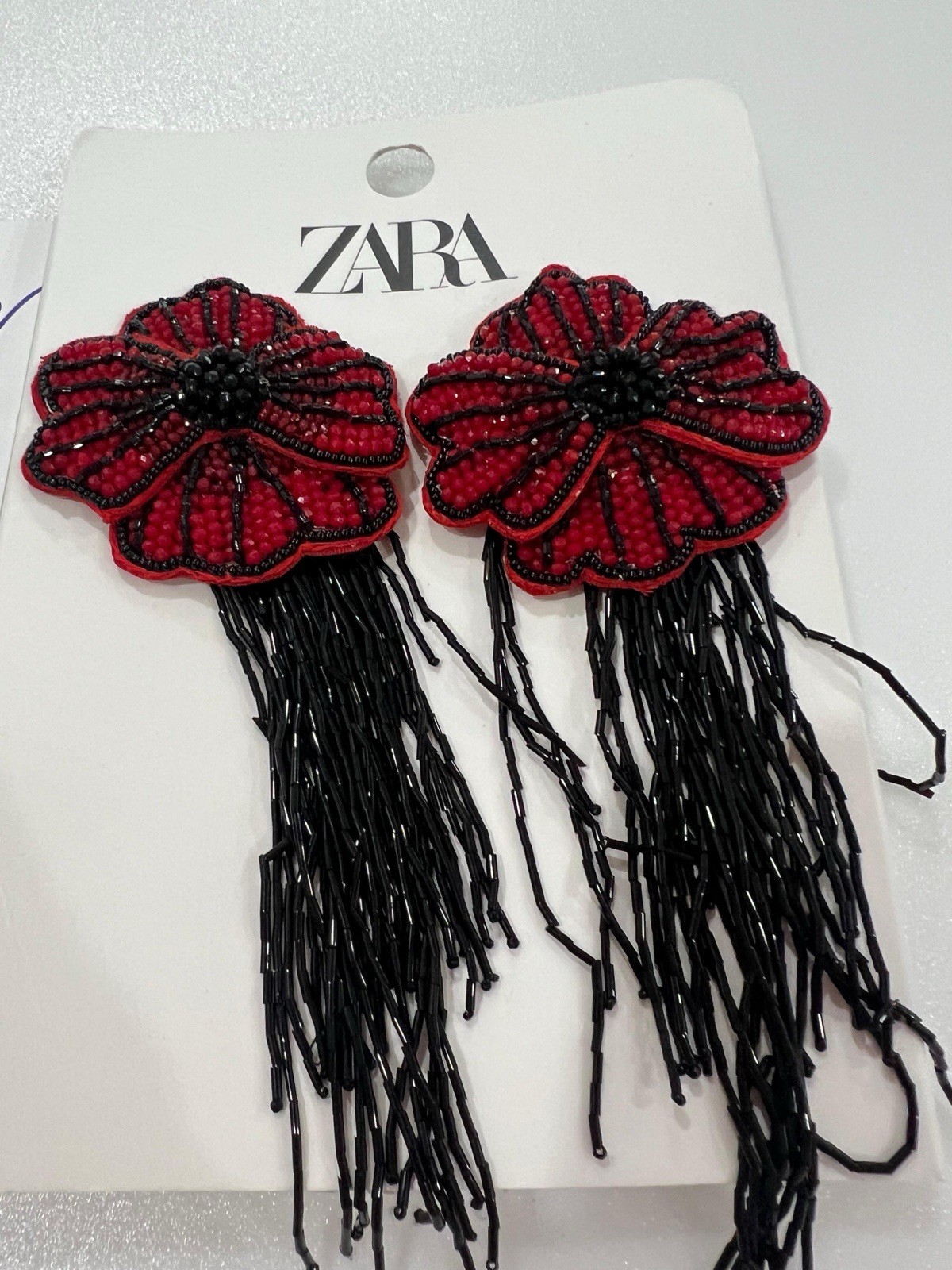 New Zara Woman Floral Beaded Earrings Dark Red Burgundy Black