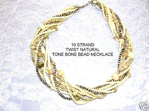 CHUNKY 10 STRAND TWIST BUFFALO BONE & ASSORTED ANTIQUE COLOR BEADS 16″ NECKLACE