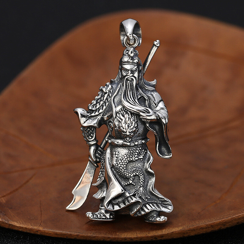 Pure Sterling 925 Silver Pendant Men Guangong God of Wealth Pendant