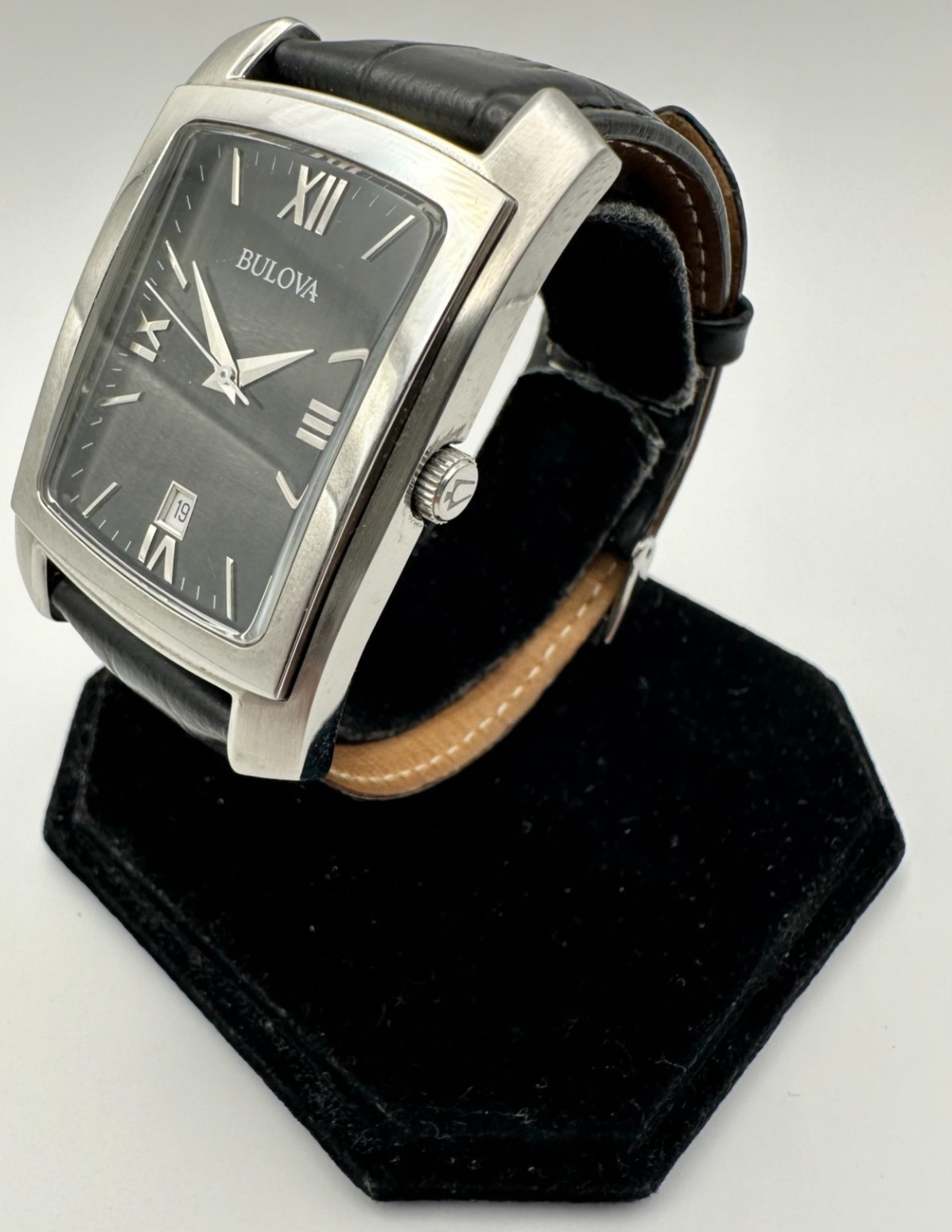 BULOVA Quartz Tank, 31mm Silver-Tone/Black Leather Band, Ref. 96B269; Fast Ship!