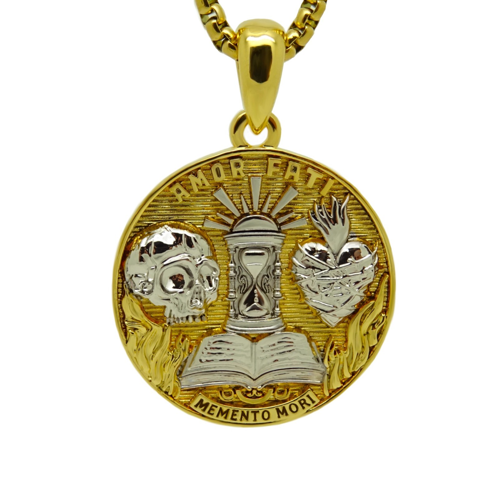 Amor Fati Memento Mori Stoic Medallion Pendant Necklace Gold Plated with Chain