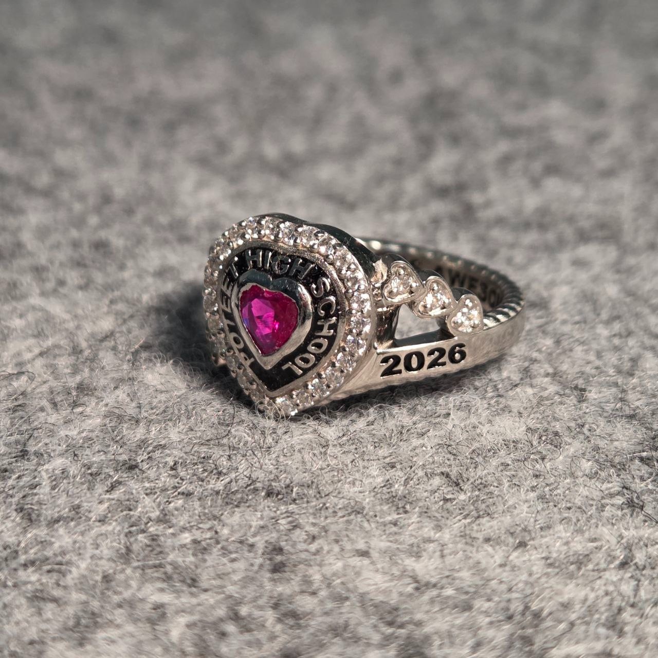 High School Class Ring 2026 Custom Pink Ruby Heart Stone In 925 Silver Halo Ring