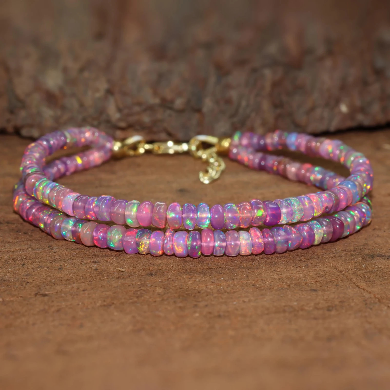 Natural Lavender Opal Smooth Beads Two Strand Bracelet, Multifire Ethiopian Opal