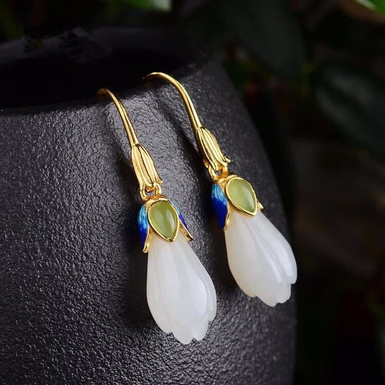 Jade Magnolia Earrings Enamel Drop Dangle Hook Chinese Style for Women