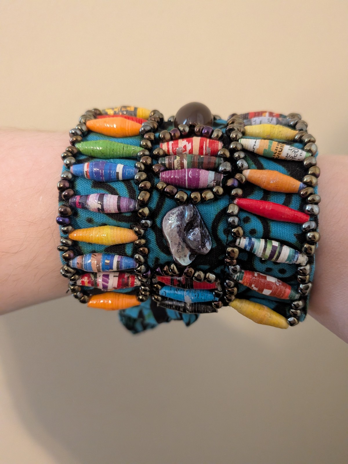 Handmade African Paper Bead Cuff Bracelet Multicolor Fabric Wrap Adjustable Boho