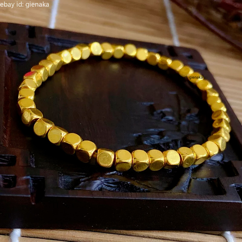 Pure 999 24K Yellow Gold Men Women Lucky 3D 4mm Square Beads Bracelet