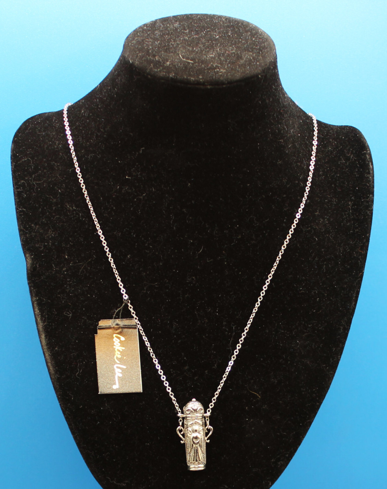VINTAGE COOKIE LEE ANGEL FLASK JAR SCENT SILVERTONE NECKLACE W LID & TAG