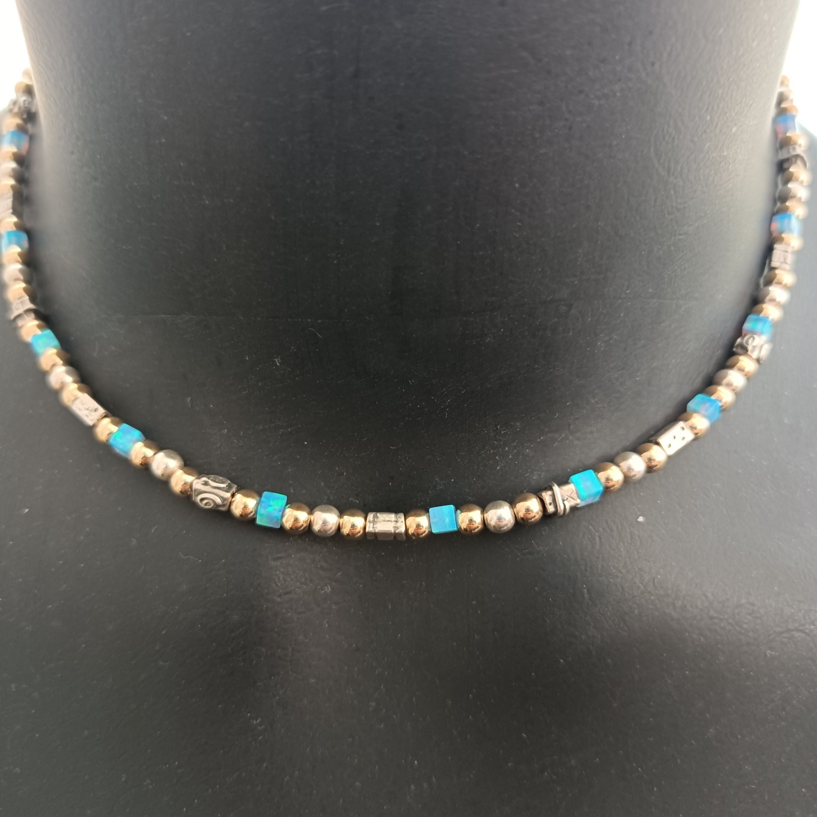 Israeli Modernist Necklace Sterling Silver Gold Filled Artisan Chic Blue Stone