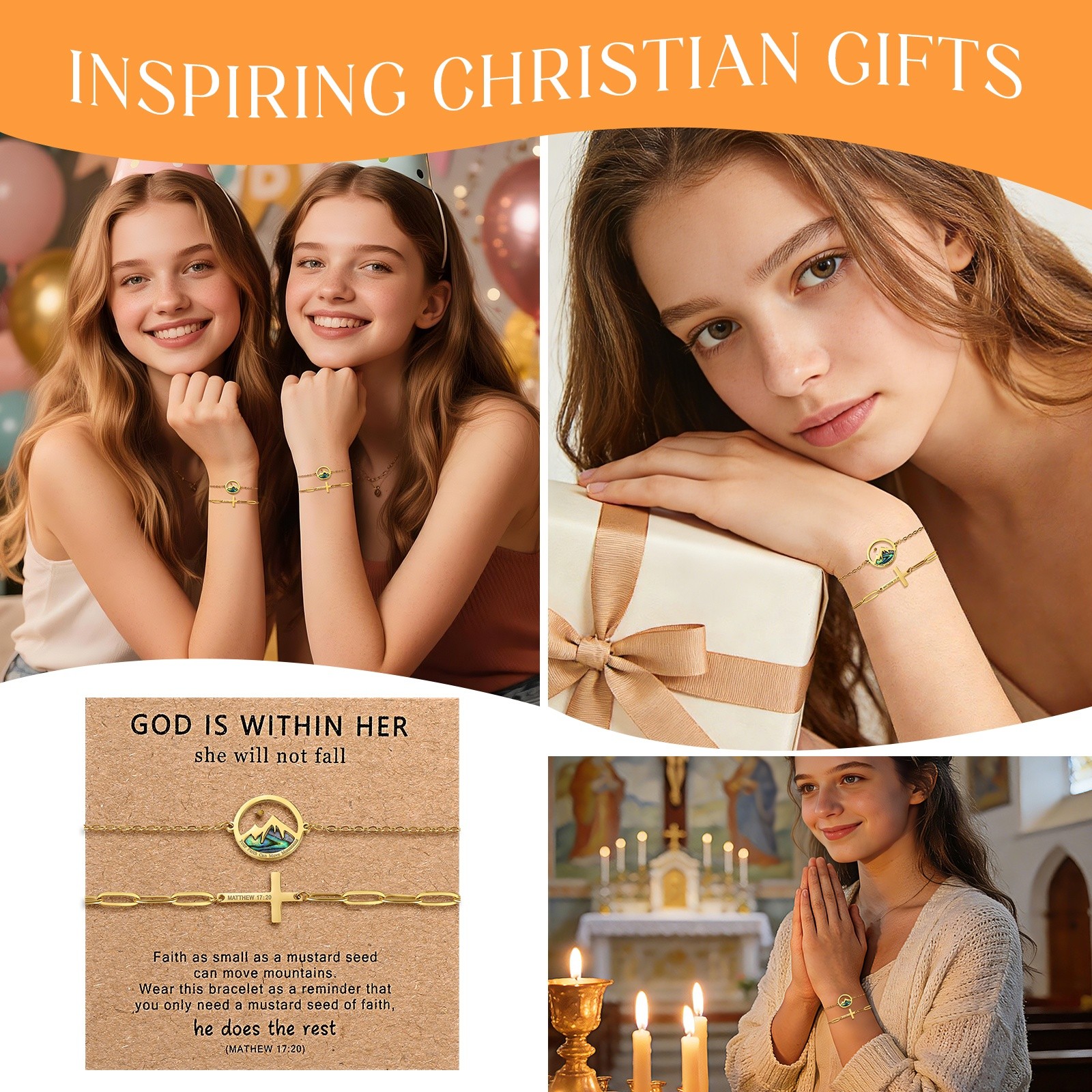 2Pcs Womens Christian Mustard Seed Cross Bracelet Faith Gift For First Communion