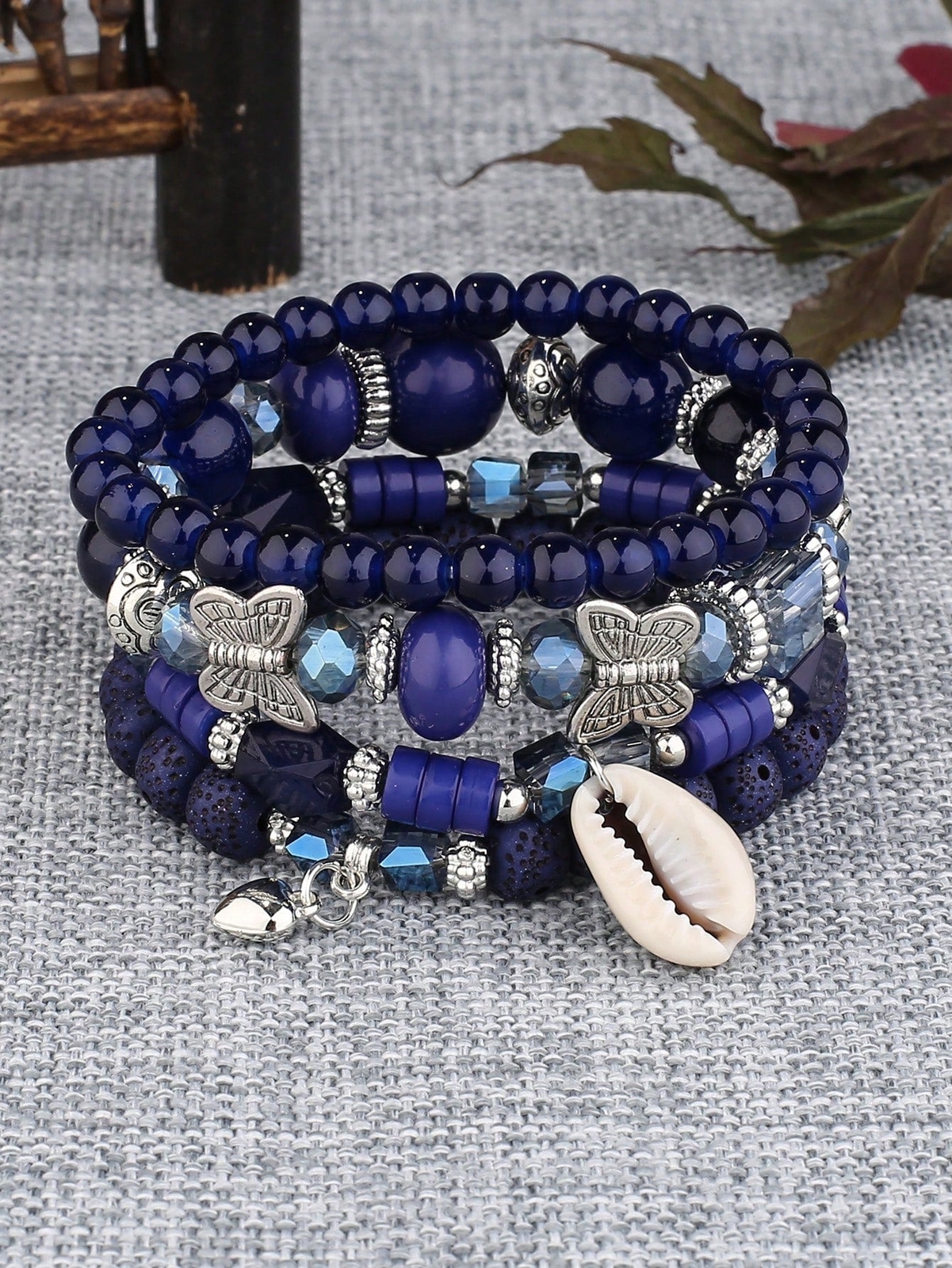 4pcs/set Shell Charm Butterfly Decor Navy Blue Bracelet Women Bracelet Stackable