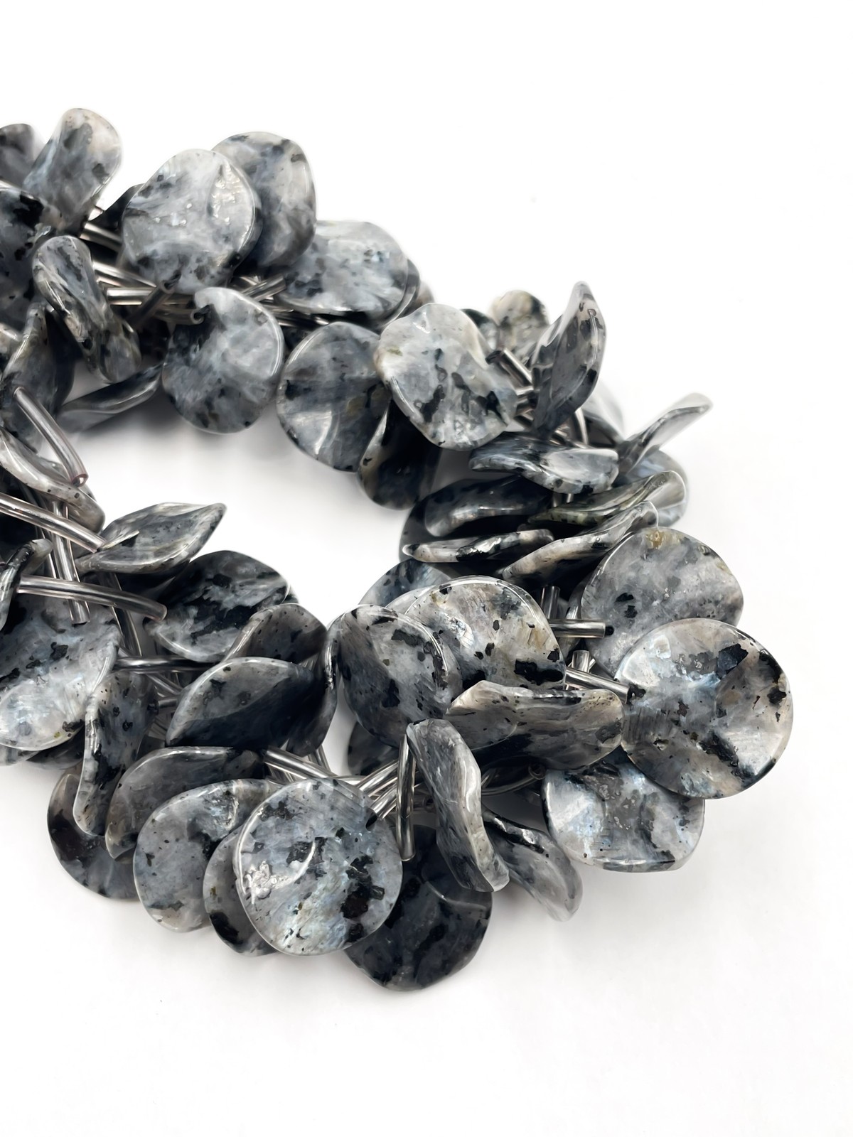 Natural Larvikite Labradorite Top Drilled Wavy Coin Beads Size 20mm 15.5″ Strand