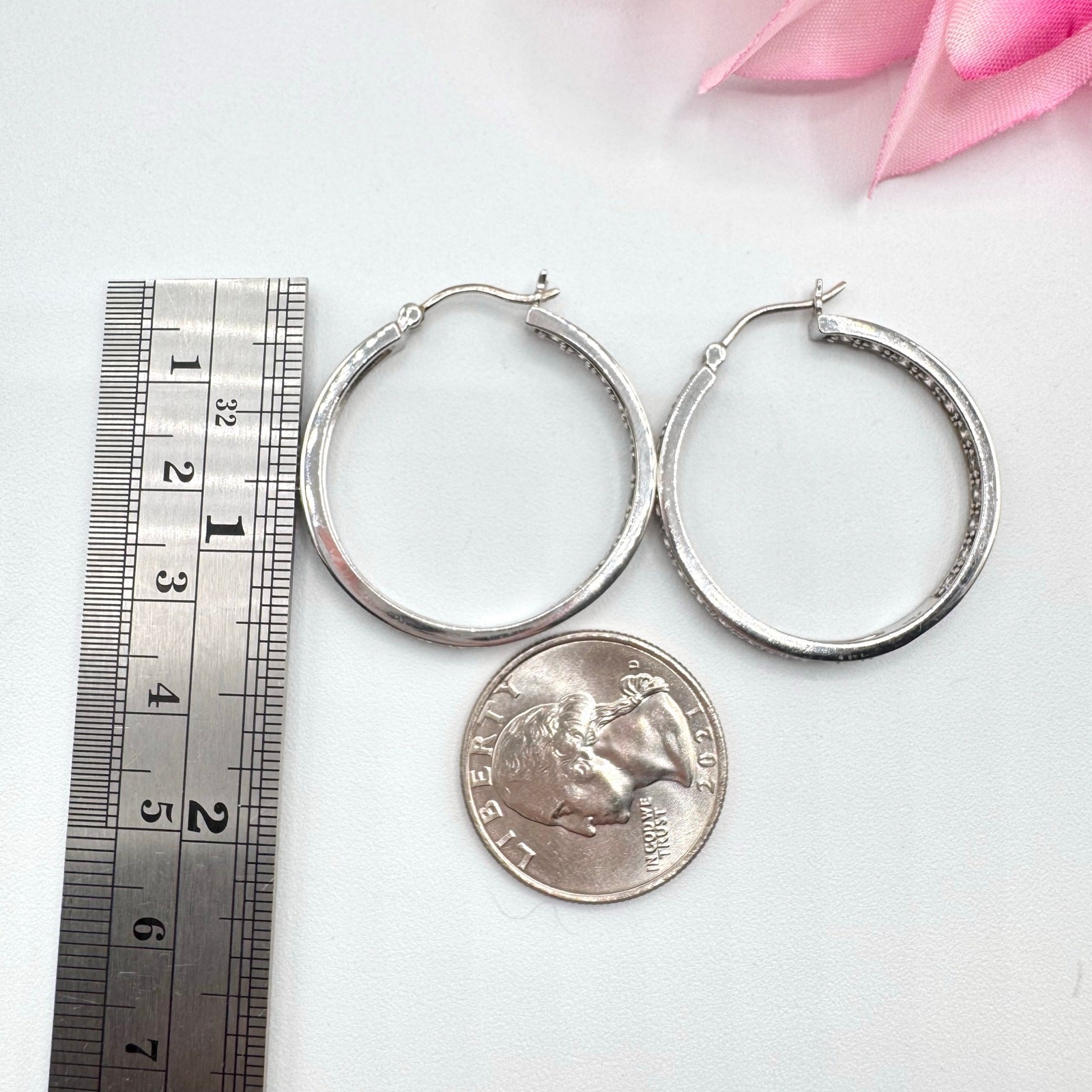 925 Sterling Silver CZ Front Back Hoop Earrings Acid Tested Signed 1 1/4” 7.36 g