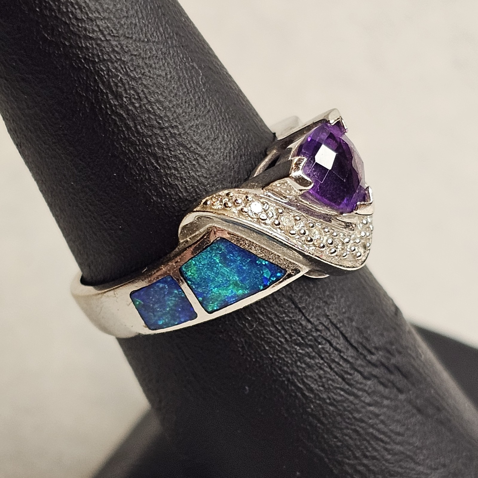 14K White Gold Amethyst Diamond Opal Inlay Ring Designer Style Estate Sz 6.25