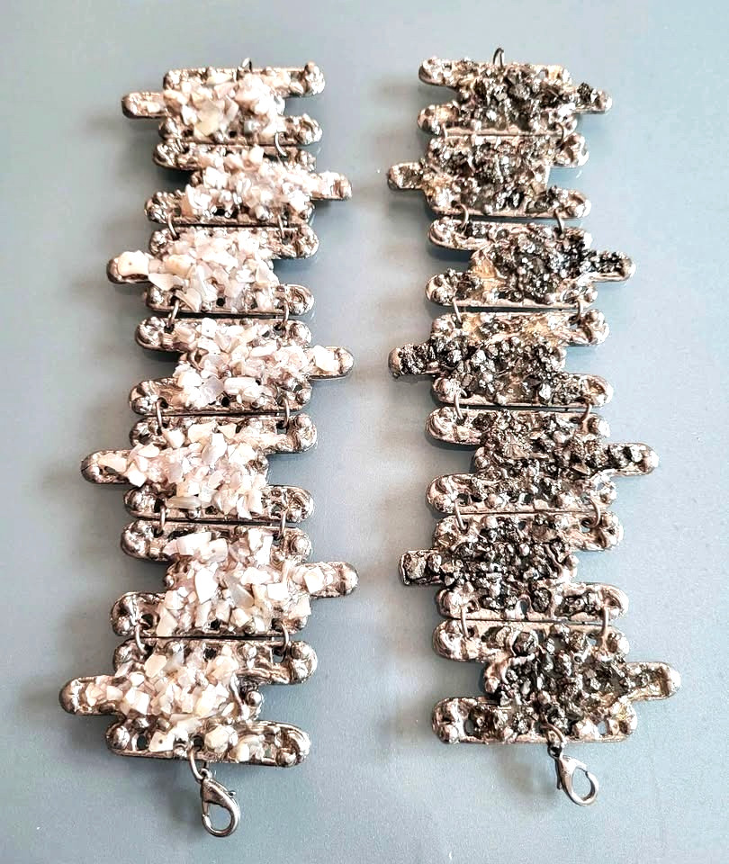 NEW 2pc Set Handcrafted Brazilian Gemstone Wide Cuff Bracelets — Pyrite & Pearl