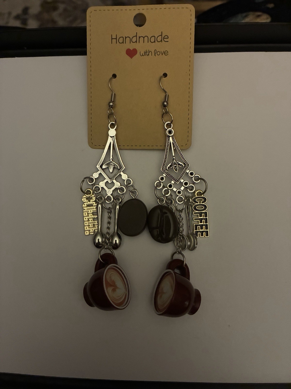 Handmade Coffee Charm Dangle Earrings with Cup and Spoon Charms