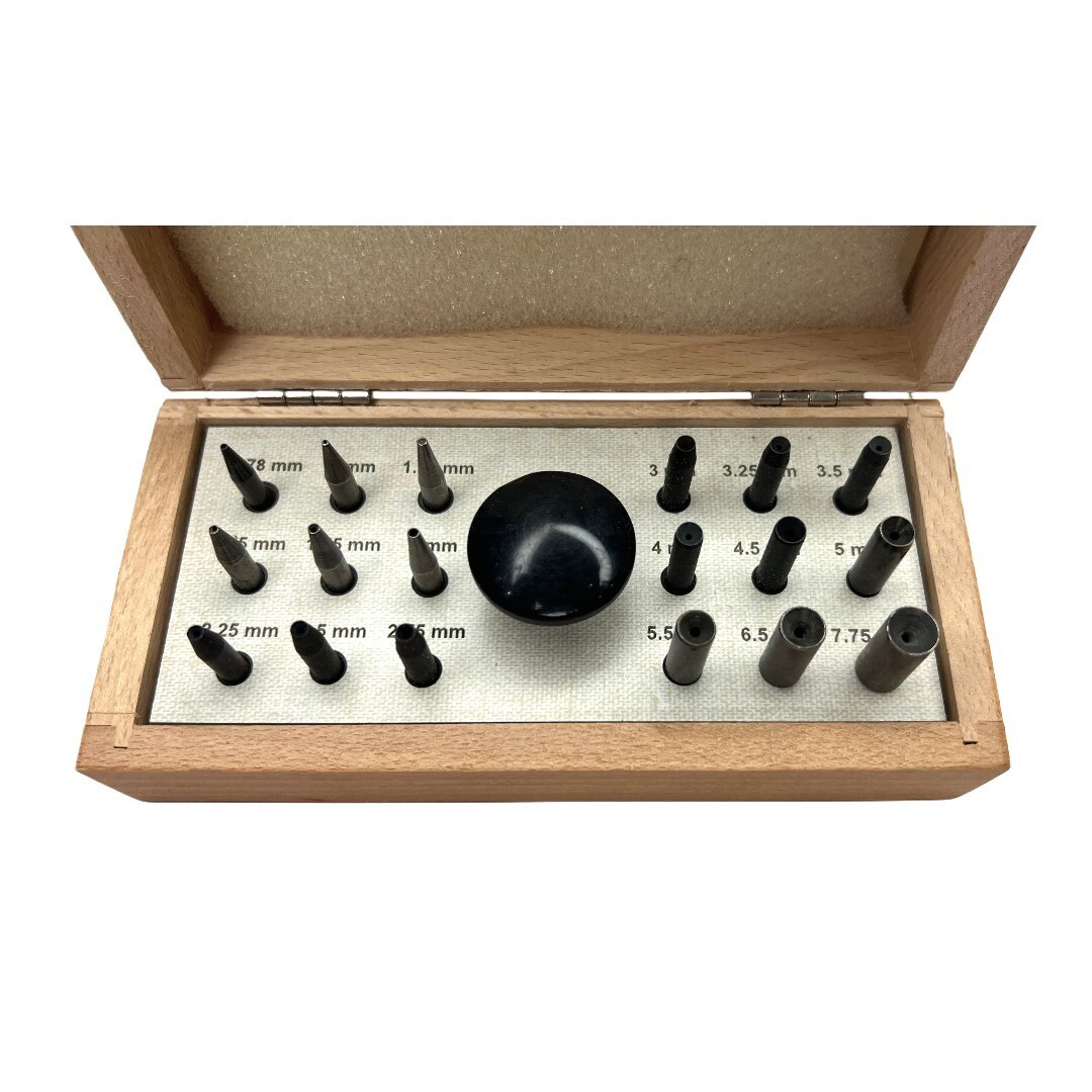 Bezel Setting Tool Punch Set with 18 Punches in Wooden Box Size 0.75mm to 7.75mm