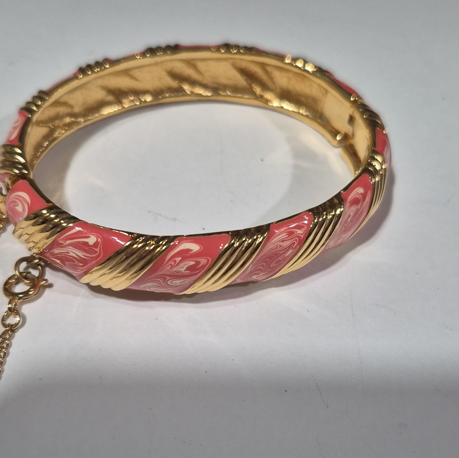 Monet Gold Tone Pink Enamel Bangle Bracelet, Safety Chain, Signed, No Stone