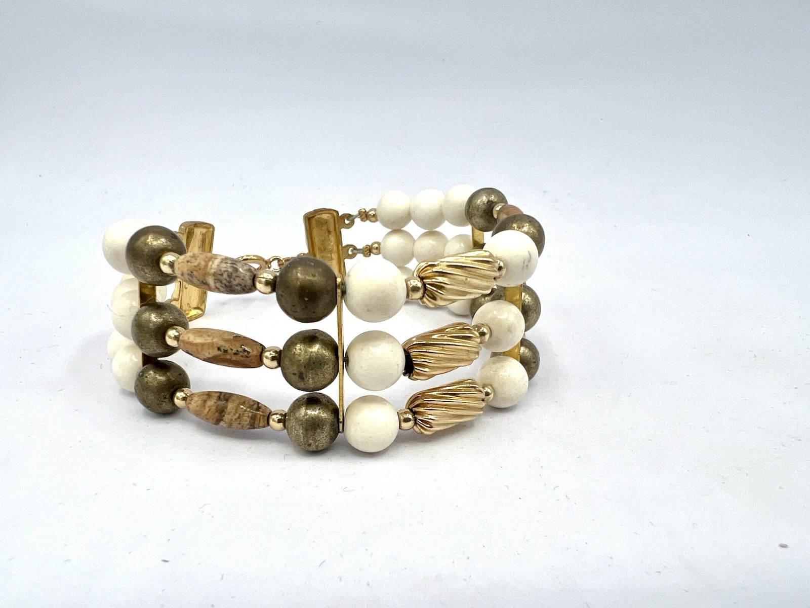 Vintage Silver Gold Ivory Brown Tan Gemstone Bead Wide Bracelet RO-DO NOS JD