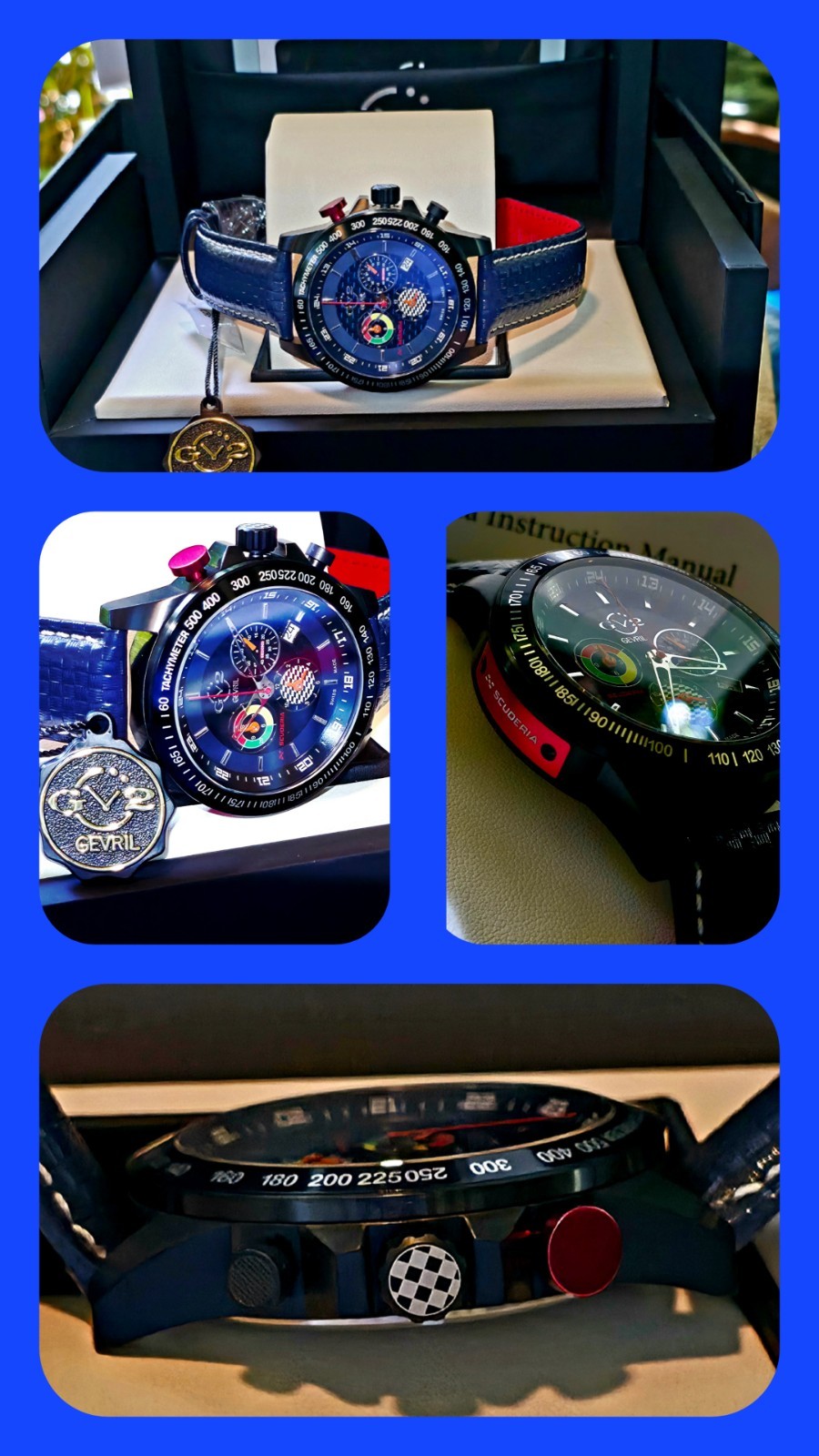 GEVRIL SCUDERIA SWISS MADE ⌚ TACHOMETER SAPPHIRE CRYSTAL CARBON FIBER BLUE ALARM