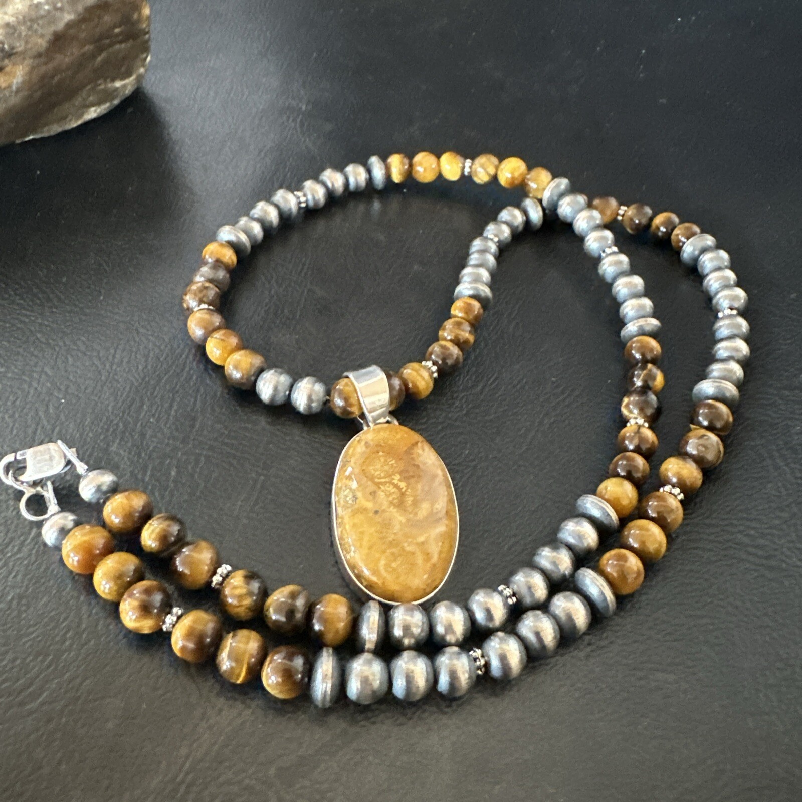 Coffee Brown Tigers Eye Sterling Silver Pendant Necklace Southwestern 18281
