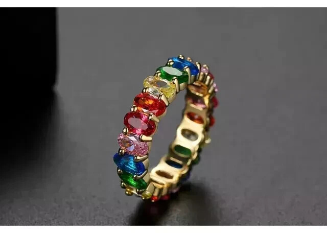 3.50Ct Oval Lab Created Multi Gemstone Full Eternity Ring 14K Yellow Gold Plated
