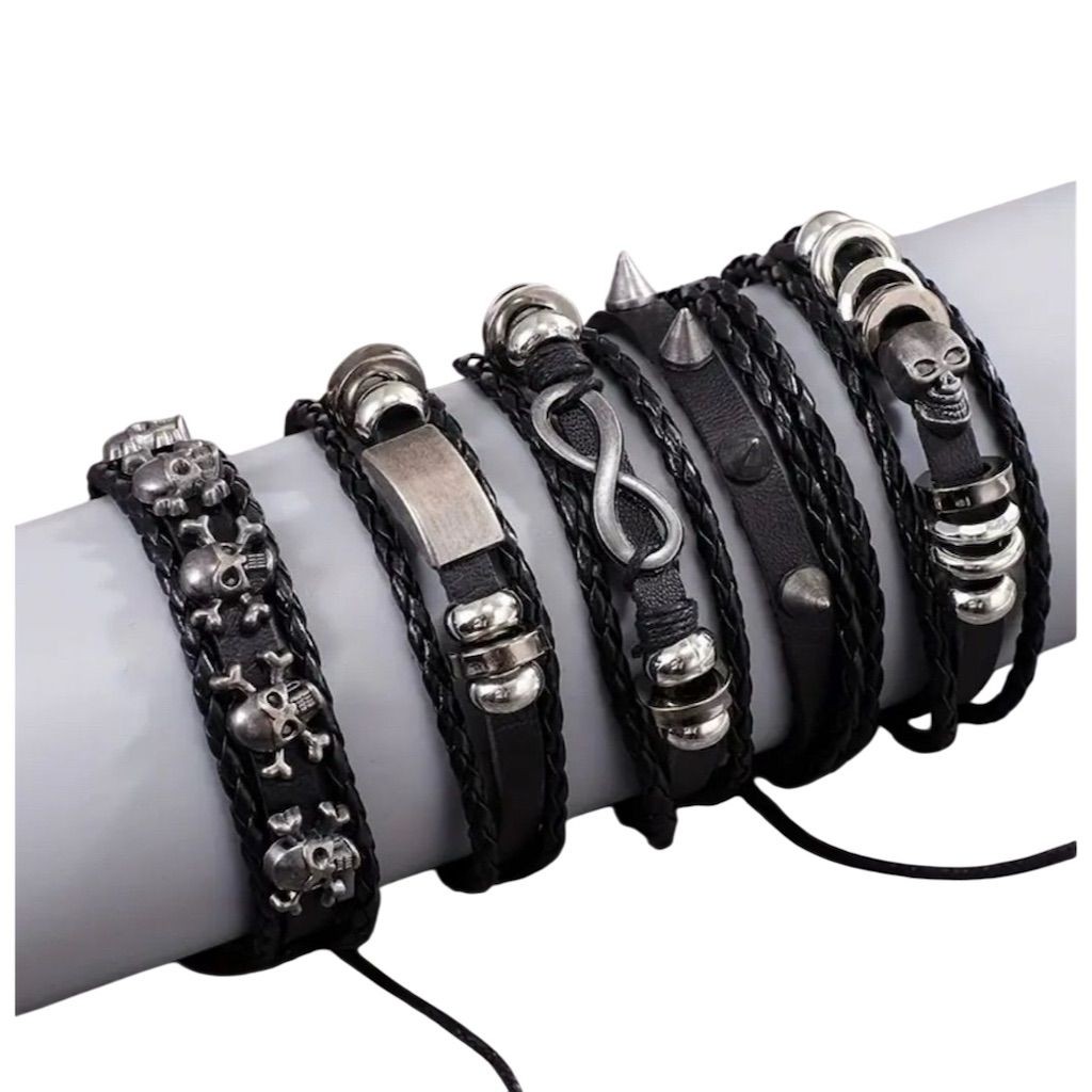 Men’s Gothic Punk Skull Bracelet Set Adjustable Black Skater Unisex Grunge