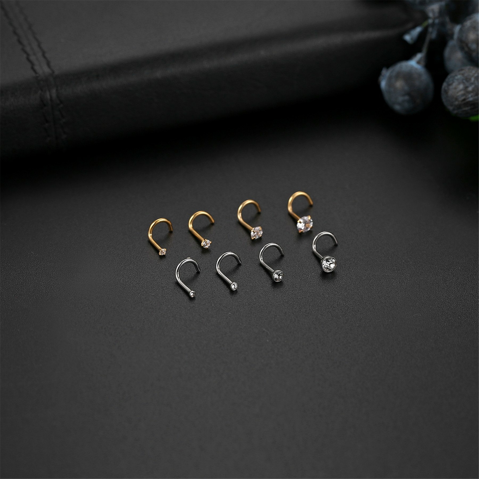 8pcs 18G Surgical Steel Round CZ L-Shaped Nose Screw Studs Rings Body Piercing