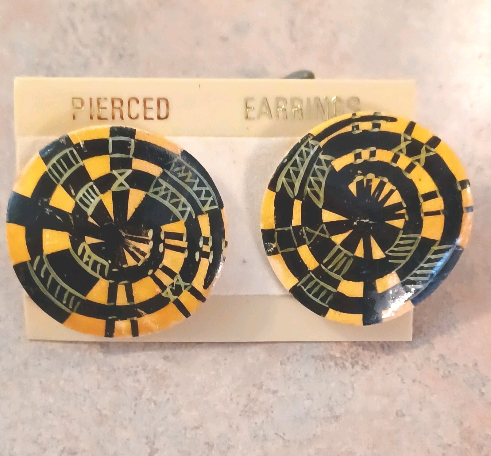 Vintage Made in the Philippines Gold/Black African Tribal Wood Pierced Earrings