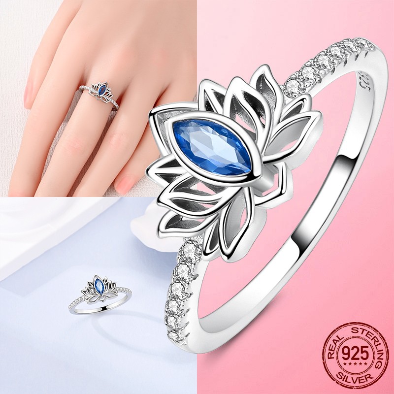 LAZA Original 925 Sterling Silver Ring Sparkling Blue CZ Lotus for Women Jewelry