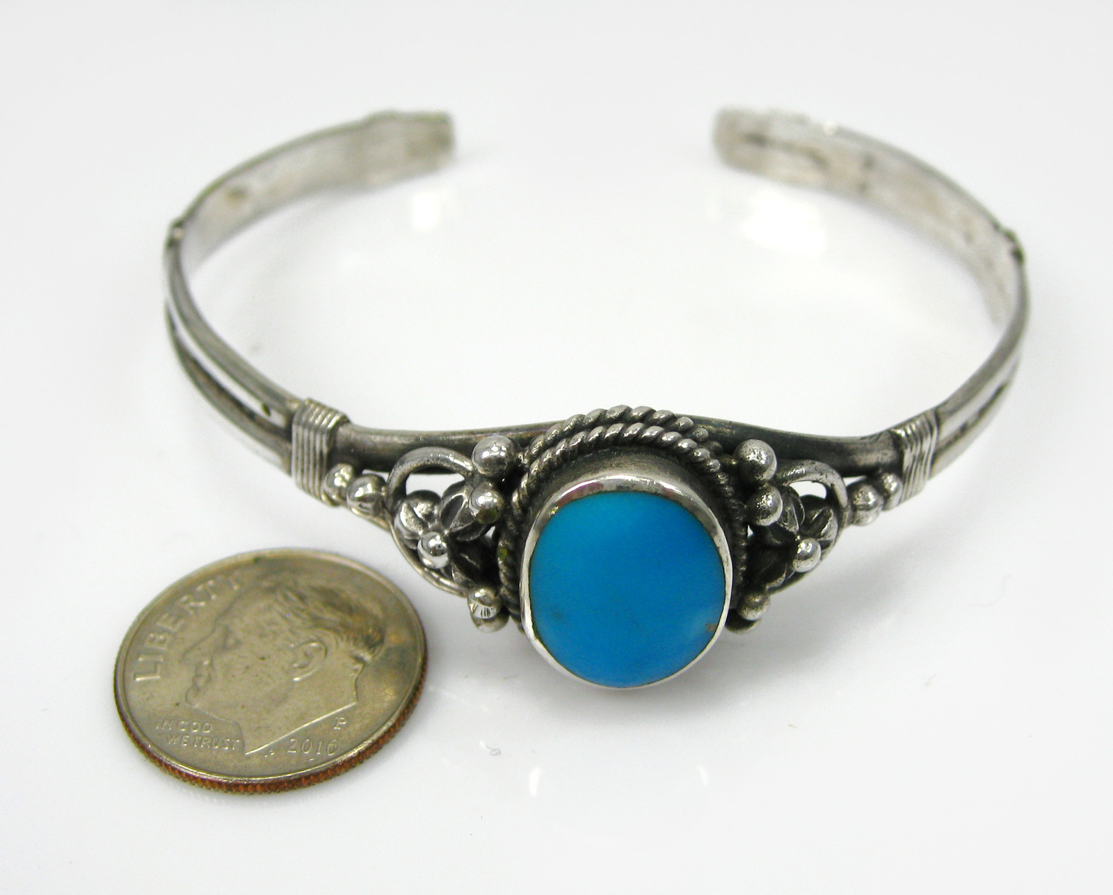 Turquoise Small Flower 925 Sterling Silver Cuff Bracelet (17.0g)