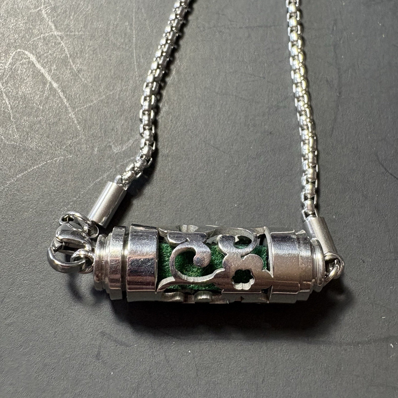 Silver Tone Adjustable Slider Bracelet Cutout Cylinder Green Stone Accent Boho