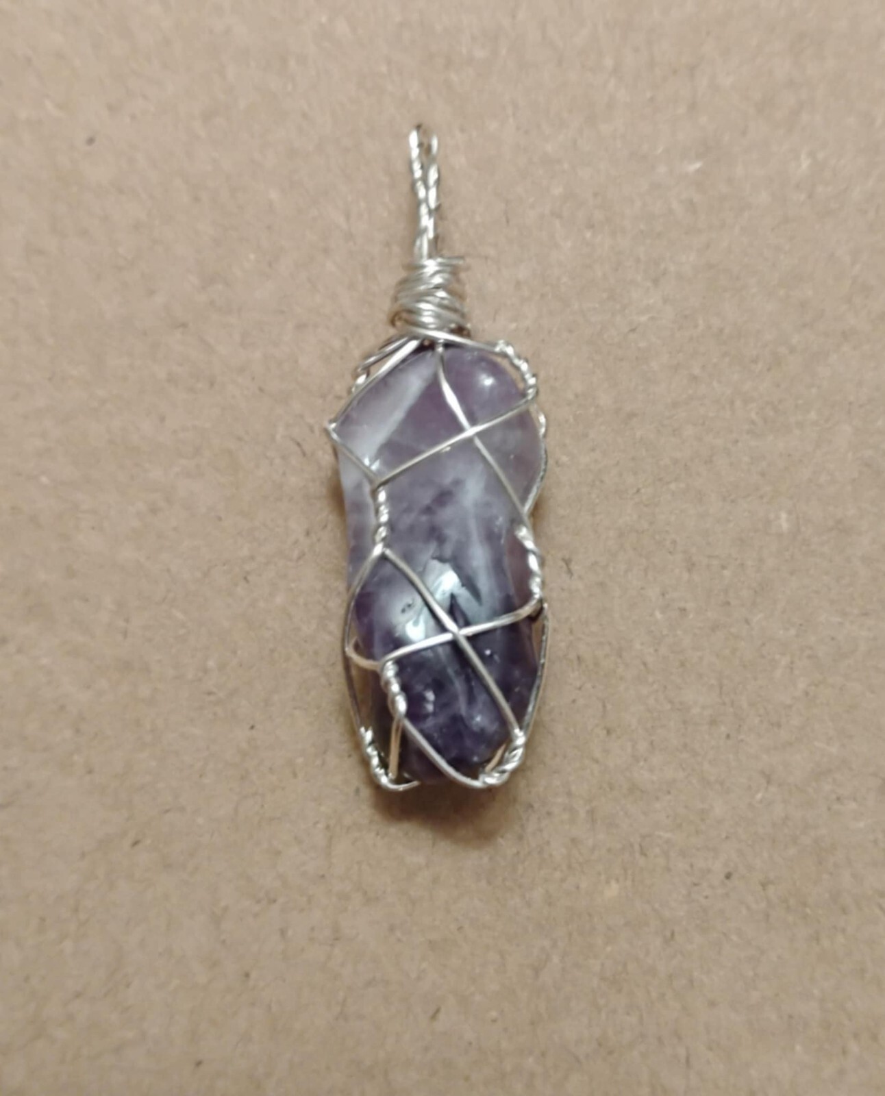 Natural Violet Amethyst Crystal Pendant Wrapped in Silver-coated Wire