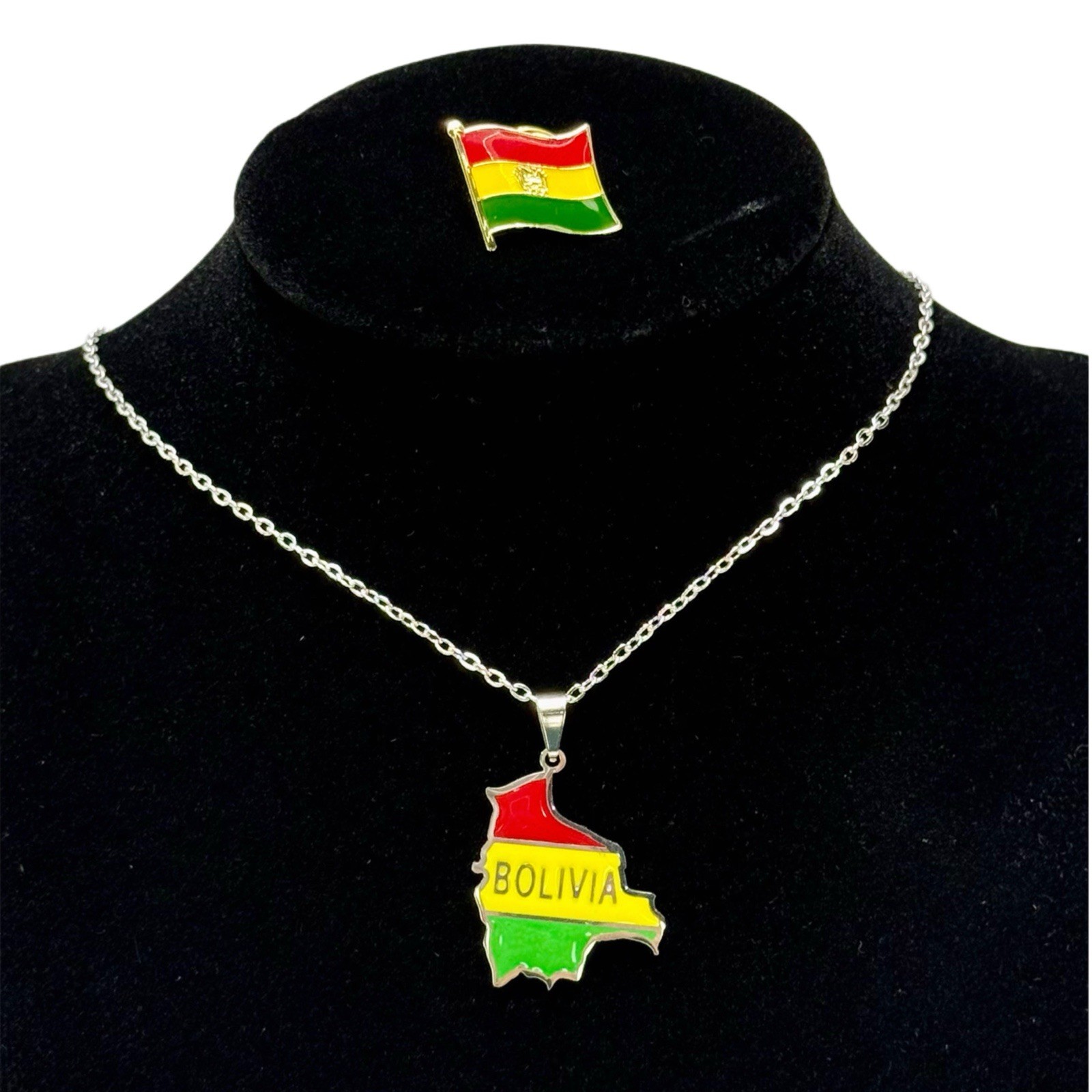 Bolivia Map Pendant Necklace & Flag Pin Set Red Yellow Green Gift Souvenir
