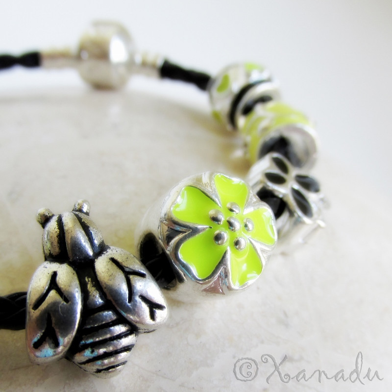 Bumble Bee Black Leather European Charm Bracelet With Yellow Black Enamel Beads