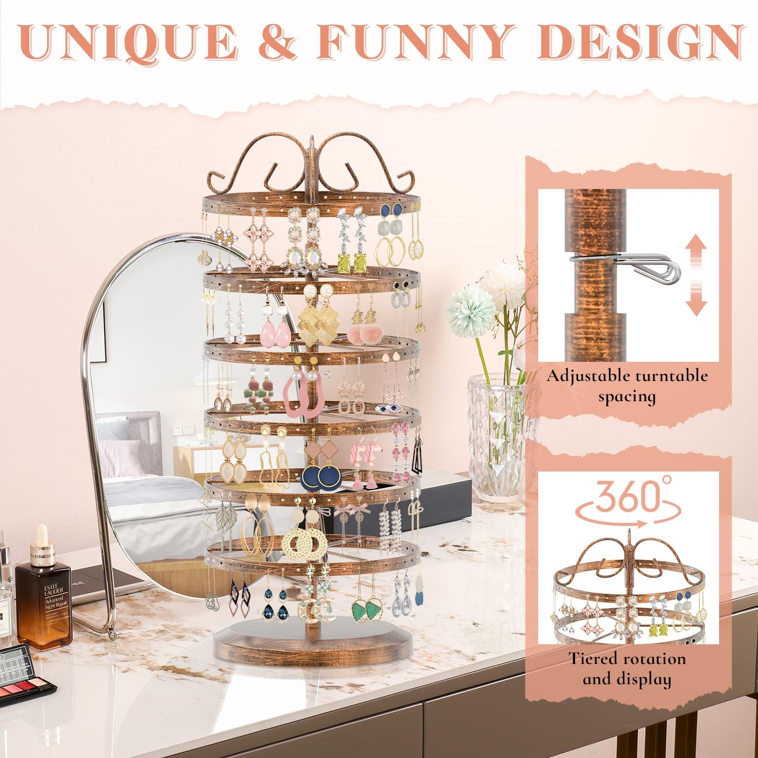 iDavosic.ly 6 Tier Metal Rotating Earring Holder Organizer, 6 Tier, Bronze