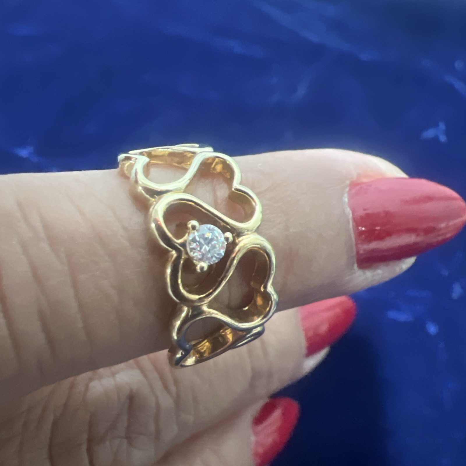 Vintage Signed Korea Size 6.5 Gold tone Crystal Linked Hearts Ring