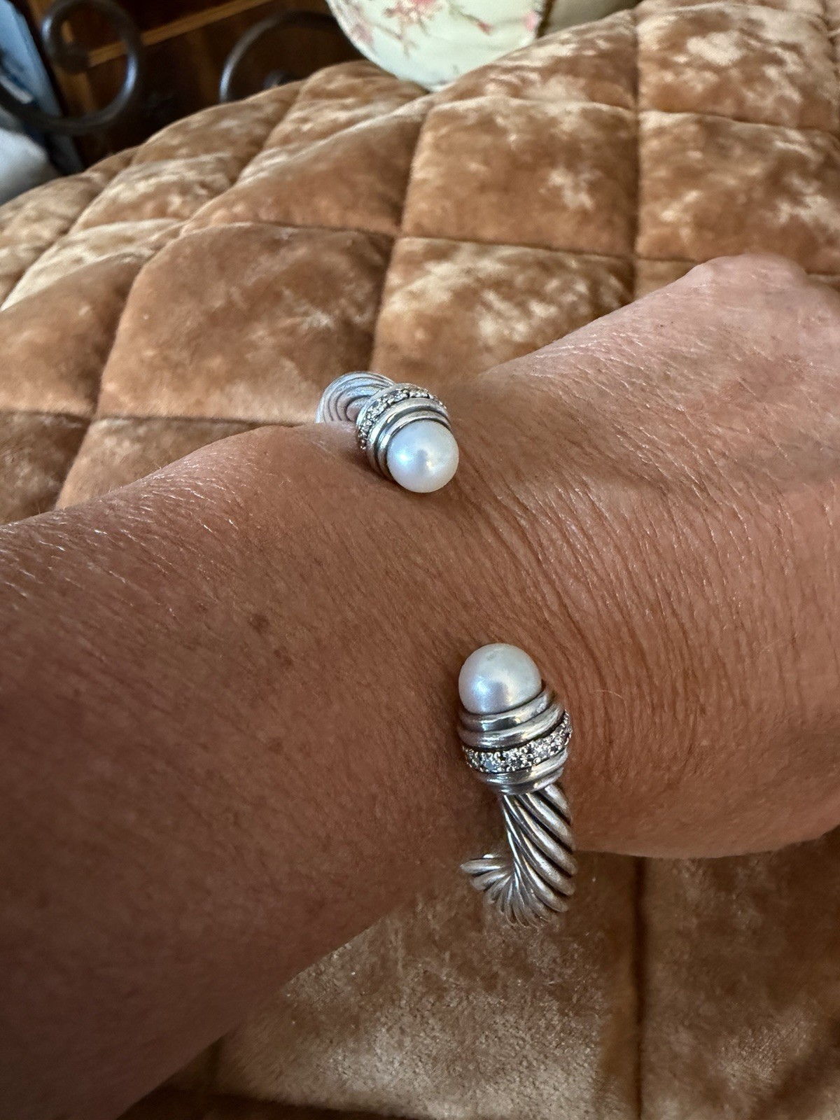 Silver Tone Rope Cable Open Cuff Bracelet with 2 Round White Pearl Ends