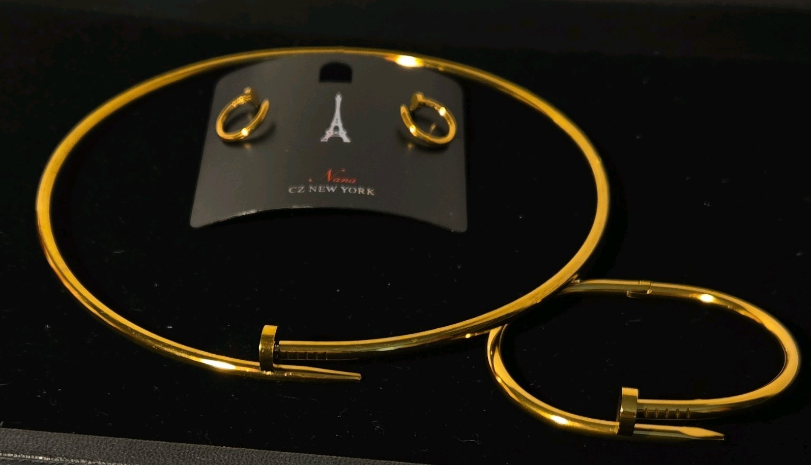 Nana CZ New York Gold Tone 3-Piece Jewelry Set Bangle Bracelet Hoop Earrings