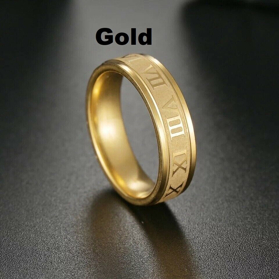 Roman Numerals Gold/Silver/Black Stainless Steel 6mm Wedding Ring Size 6.5 – 11