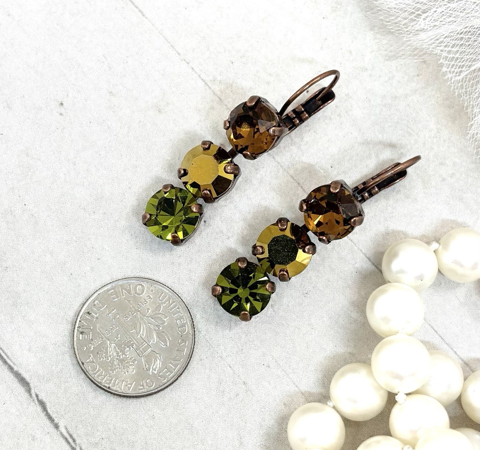 Antique Copper Plated Triple Stone Olive Green And Brown Cup Chain Earrings