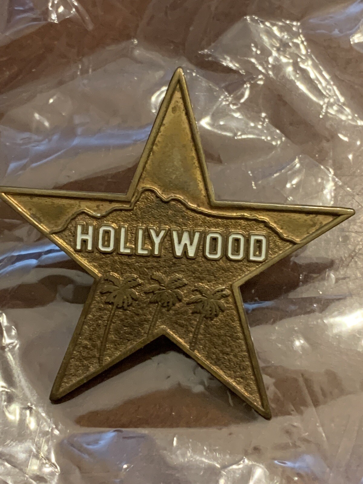 RARE HOLLYWOOD 5 STAR BADGE PIN FUTURE PRIMITIVE PALM TREE METAL VTG OLD