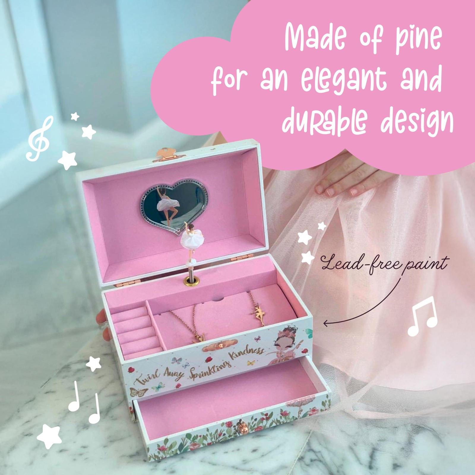 Ballerina Musical Jewelry Box with Storage Organizer for Kids Ages 6-12 MDF Wood