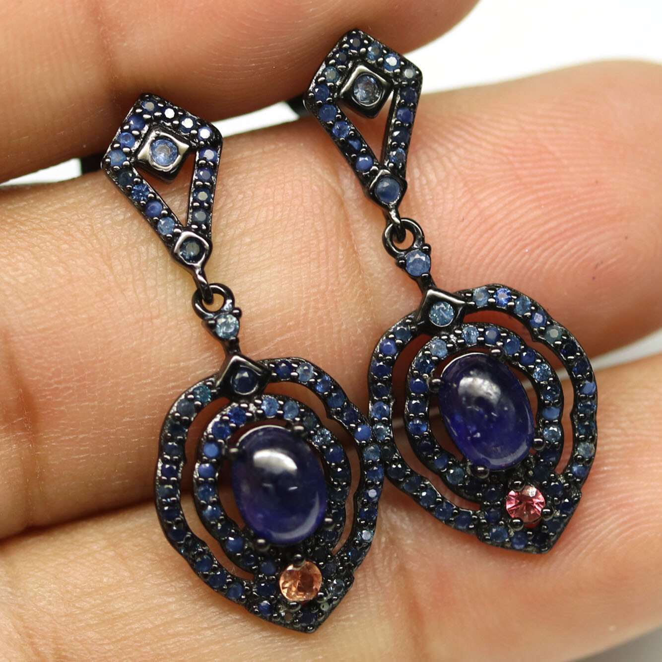925 Sterling Silver Blue-Orange Sapphire Earrings Black Gold Coated Christmas