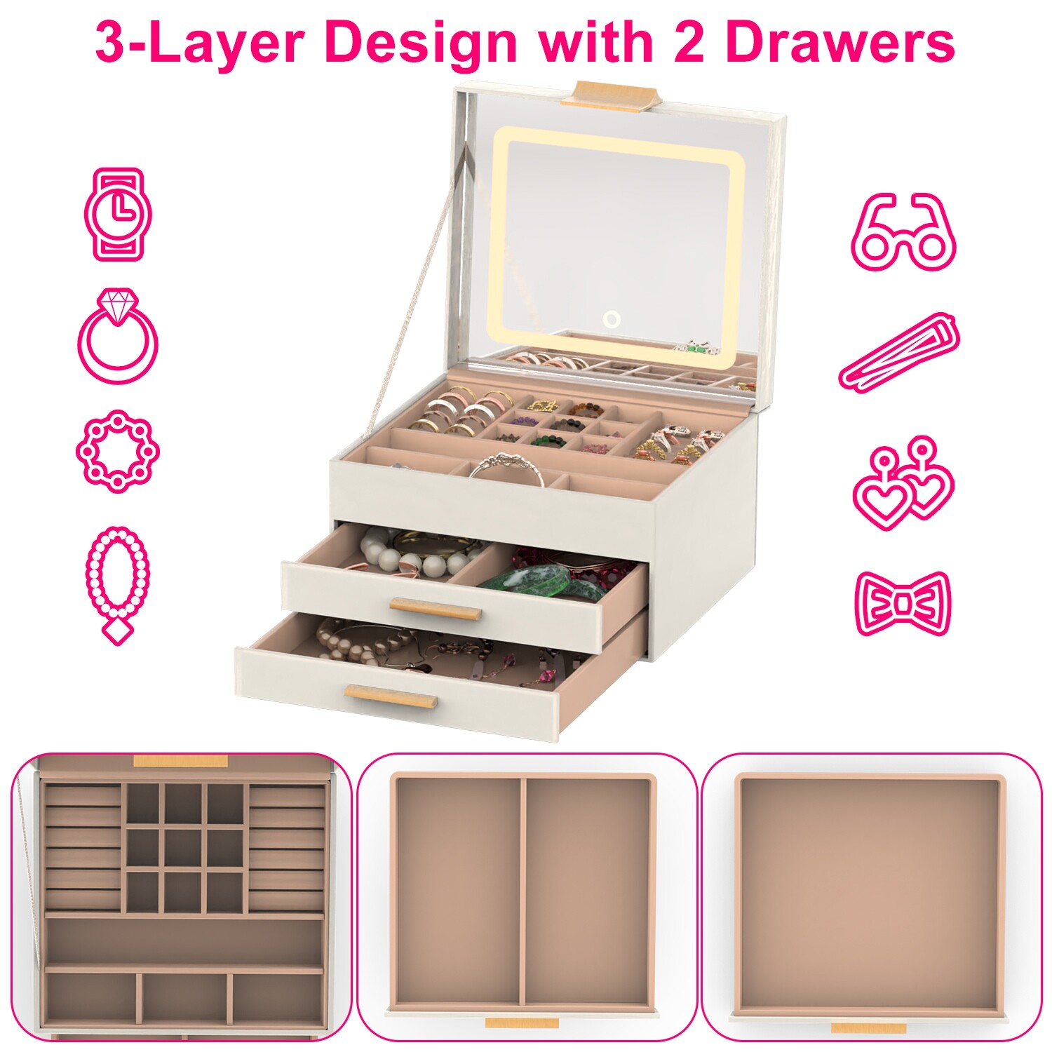 3-Layers Jewelry Box, Jewelry Holder Organizer with Jewelry Organizer