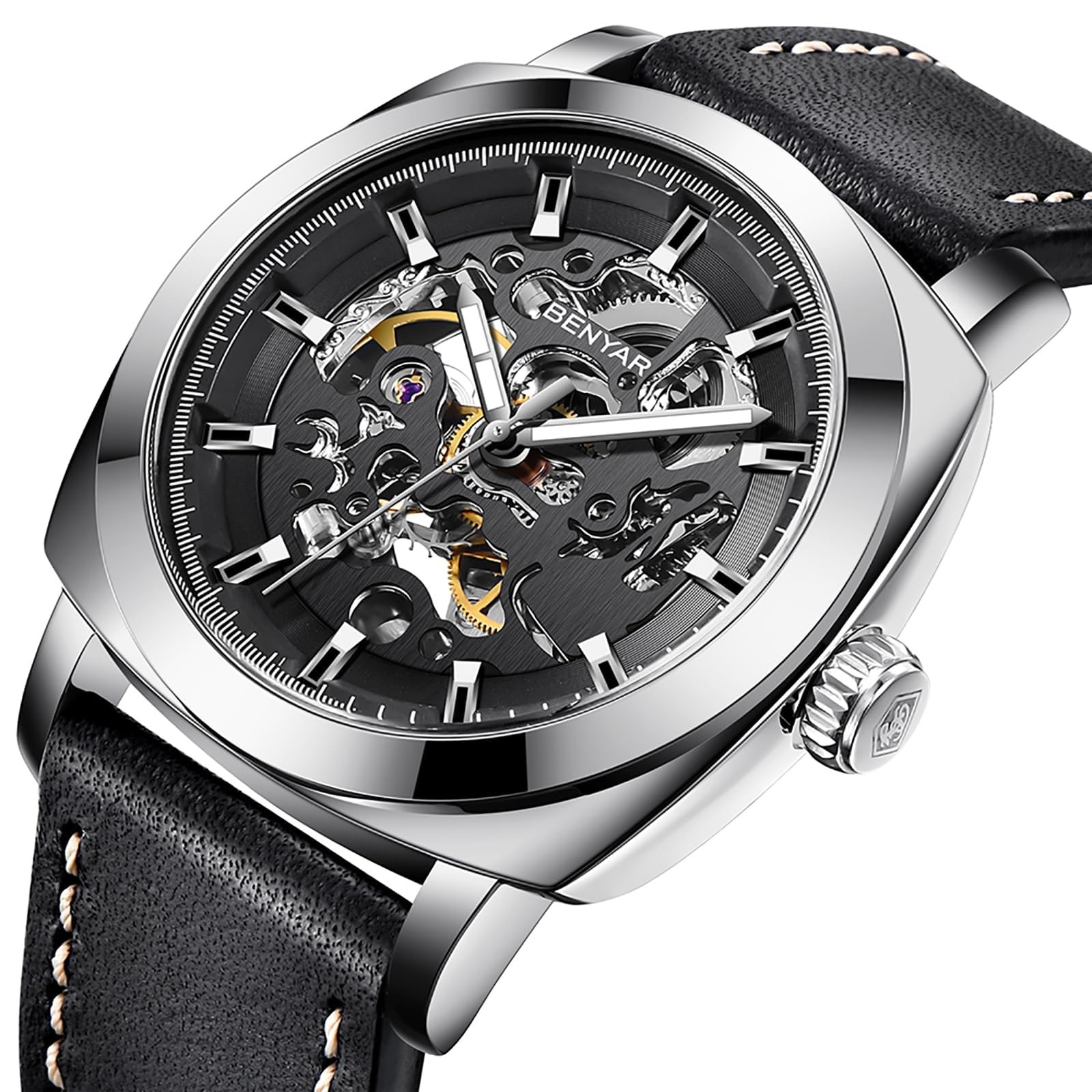 Automatic Watches for Men | Skeleton Mechanical Leather Strap Mens Watch | 45…