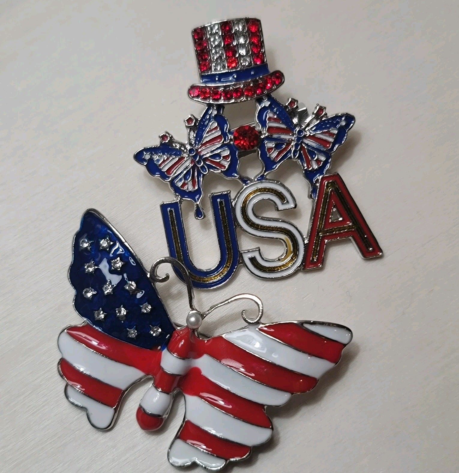 Set of 2 Brooch/pins, USA, Patriotic, Butterfly, Red White Blue, Silvertone