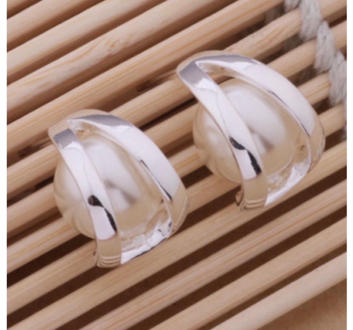 Elegant Silver Pearl Stud Earrings for Women | Modern Geometric Pearl Earrings |