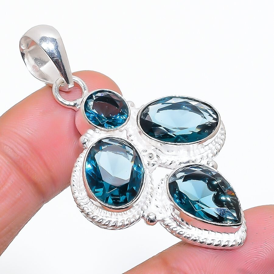 London Blue Topaz Gemstone Handmade 925 Sterling Silver Jewelry Pendant Size 2″