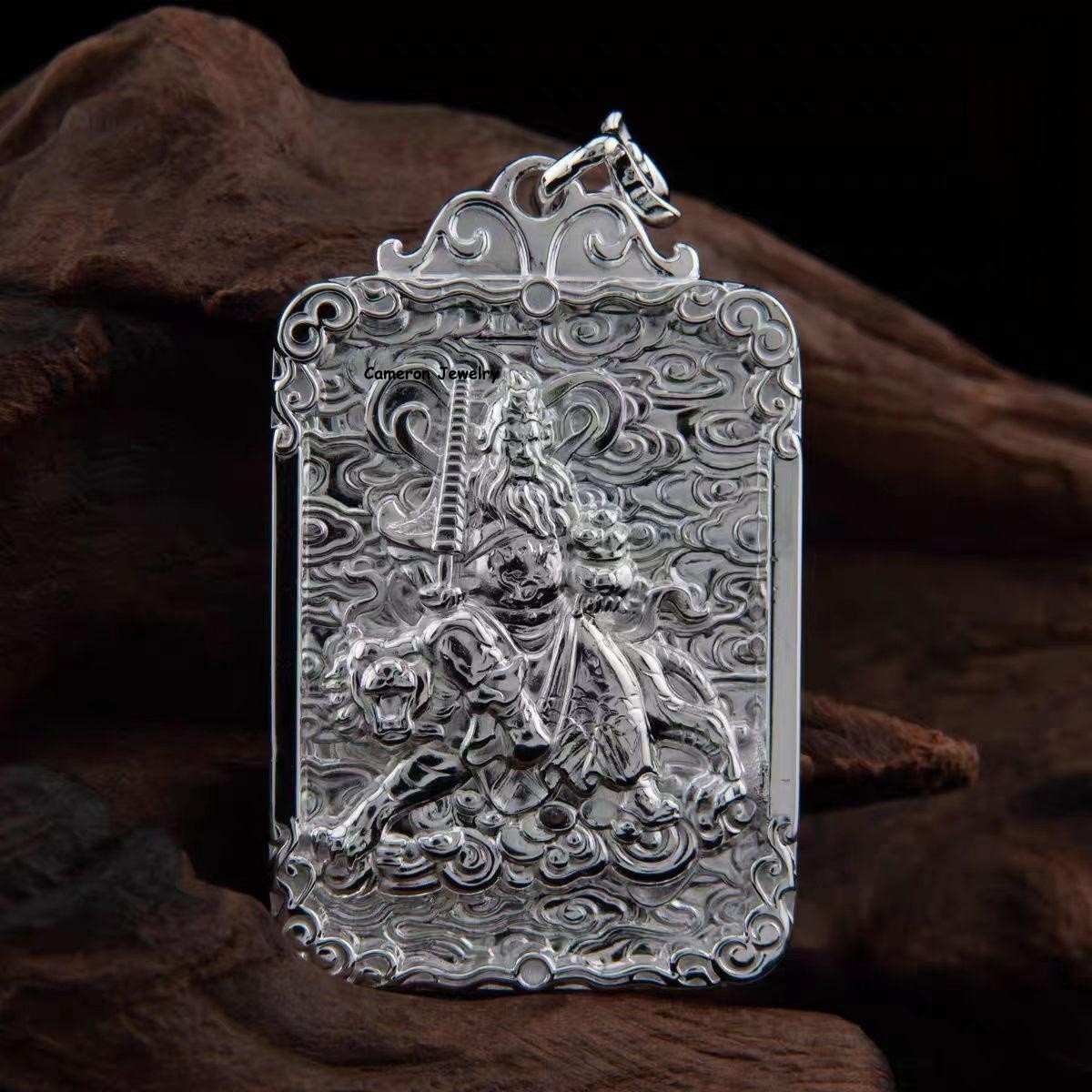 Pure 999 Fine Silver Men Women God Of Wealth Oblong Pendant 34-35g